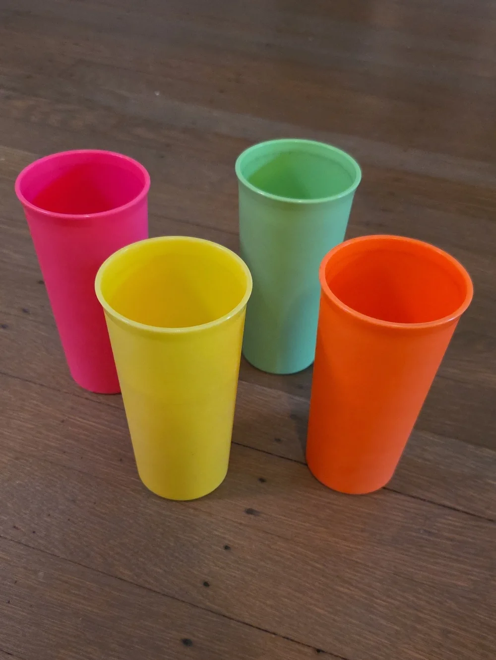 Tupperware Neon Plastic Cups 9oz #116 in Pink, Yellow, Green, Orange- Set Of 4